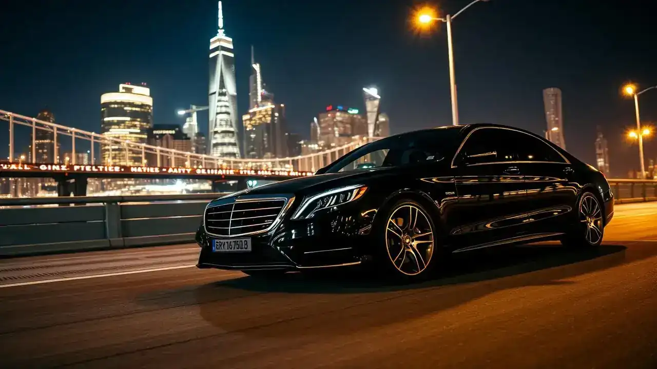 Luxury black sedan on Melbourne bridge at night